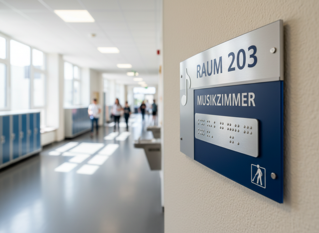 Zu sehen ist ein Schild in einer Schule mit Brailleschrift-Hilfe für Blinde.