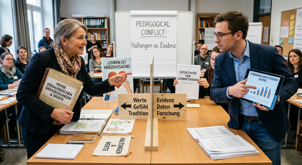 auf dem Bild streiten sich 2 Lehrer, ob die Haltung und Werte oder die Wissenschaft in der Pädagogik wichtig ist, um Wirkungen und Veränderungen zu gestalten.