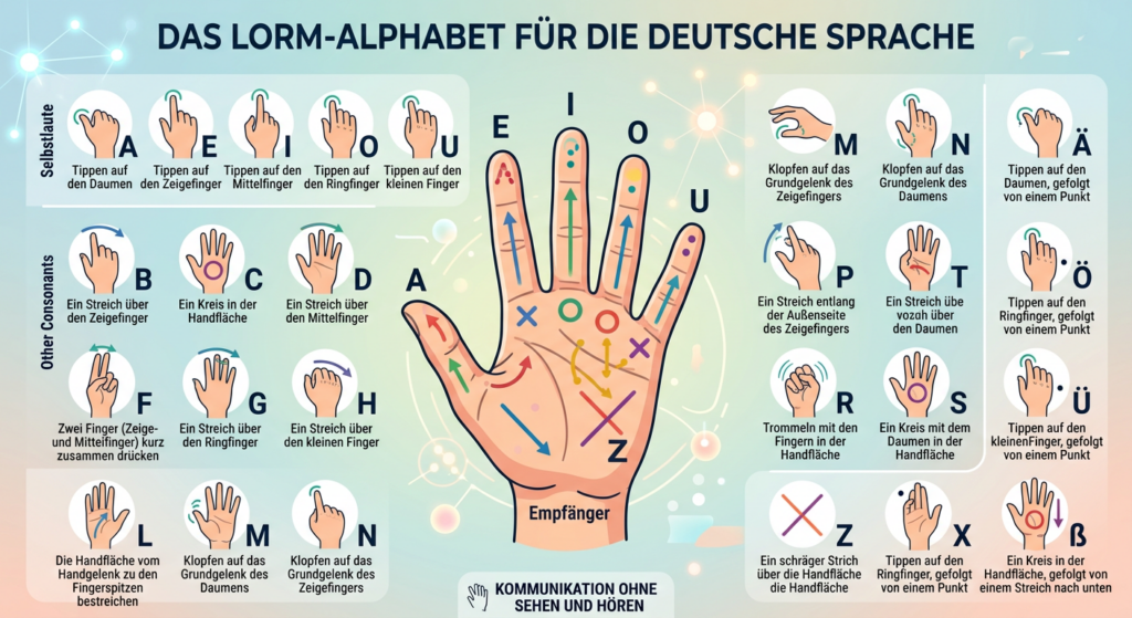 Hier wird im Bild die Art der Kommunikation mit meist taubblinden Menschen durch Zeichen in die Handfläche dargestellt, für die Richtigkeit aller Zeichen wird keine Garantie übernommen, das Bild ist KI-erstellt und soll nur das Prinzip vermitteln.
