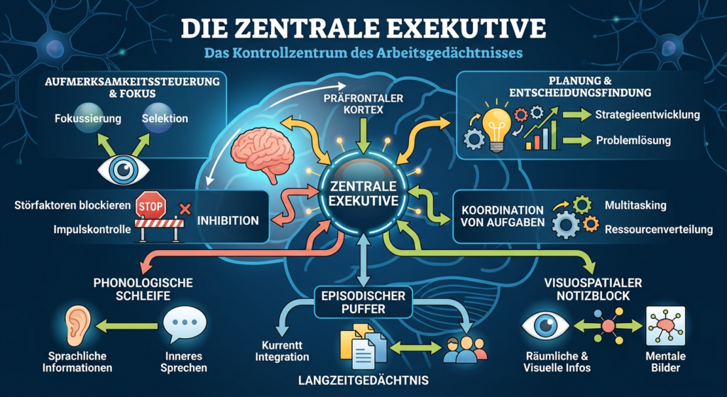 eine Abbildung zum Arbeitsgedächtnis und der zentralen Exekutive als Steuerungszentrale.