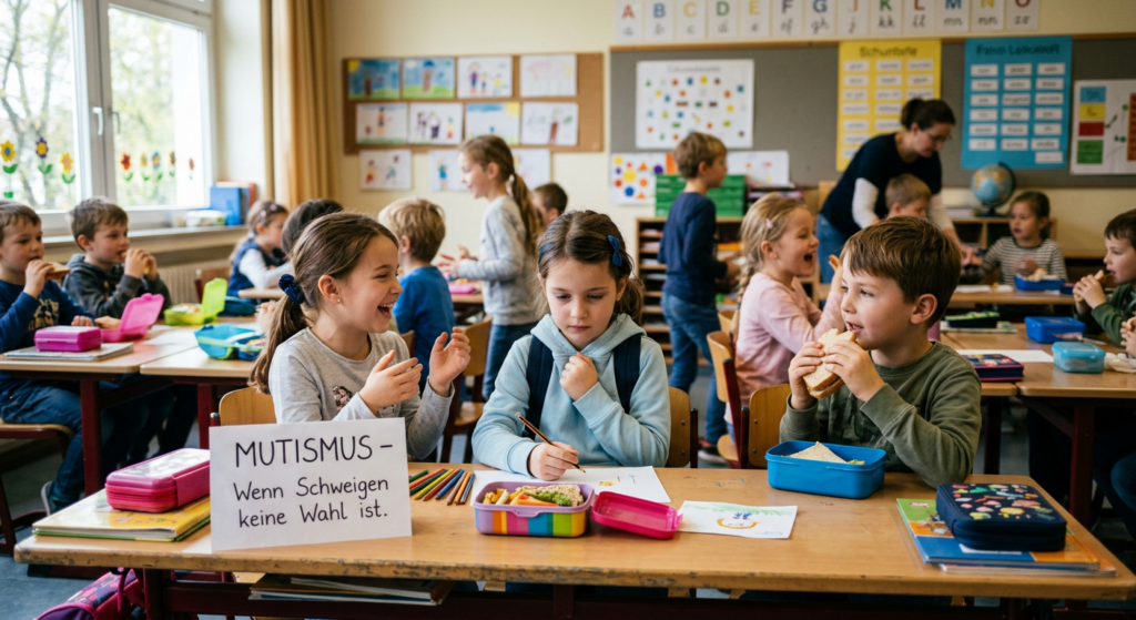 ein nicht sprechenden Kind in einer Schulklasse, KI-generiert