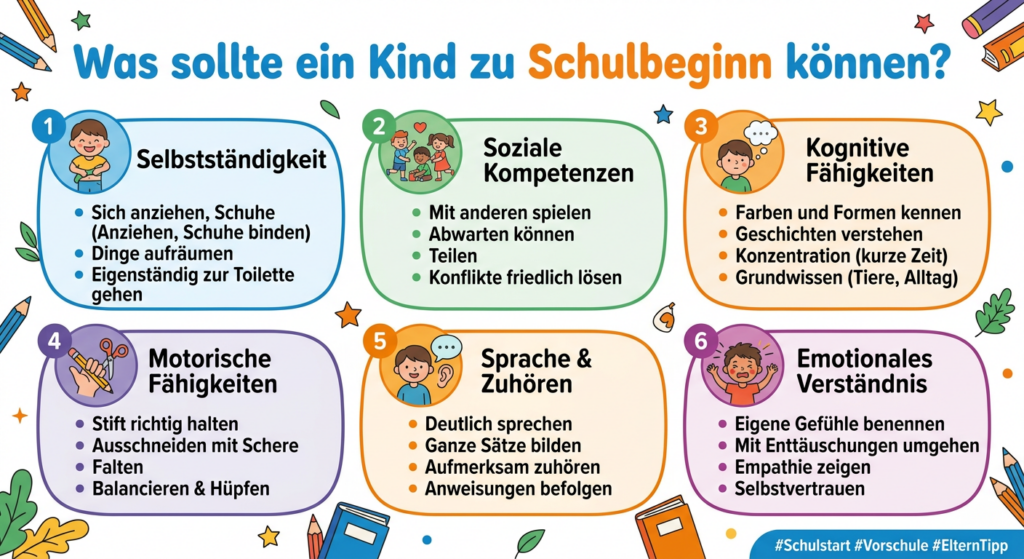 hier ein Bild mit einer sehr verkürzten und vereinfachten Zusammenfassung, was ein Kind zu Schulbeginn können sollte.