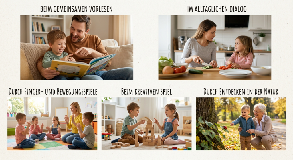 Bilder von Sprachförderungsmöglichkeiten des eigenen Kindes durch Vorlesen, miteinander reden, Finger- und Bewegungsspiele, Bauen und Basteln, Entdeckungen in der Natur, ...