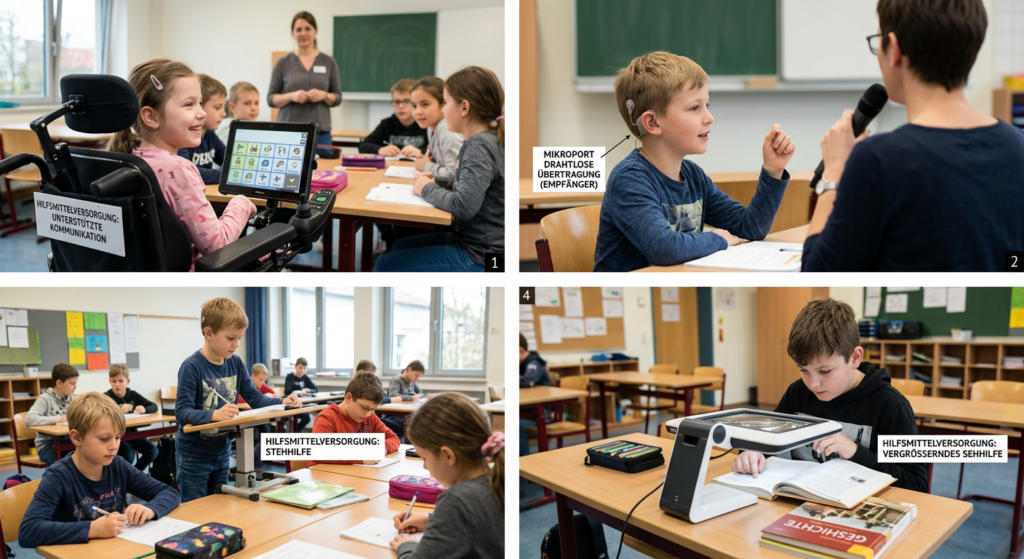 Beispiele für Hilfsmittel in der Schule bei verschiedenen Einschränkungen der Schülerinnen und Schüler im bild dargestellt: GSprachübertragung, Metacom, Steile, Vergrößerung