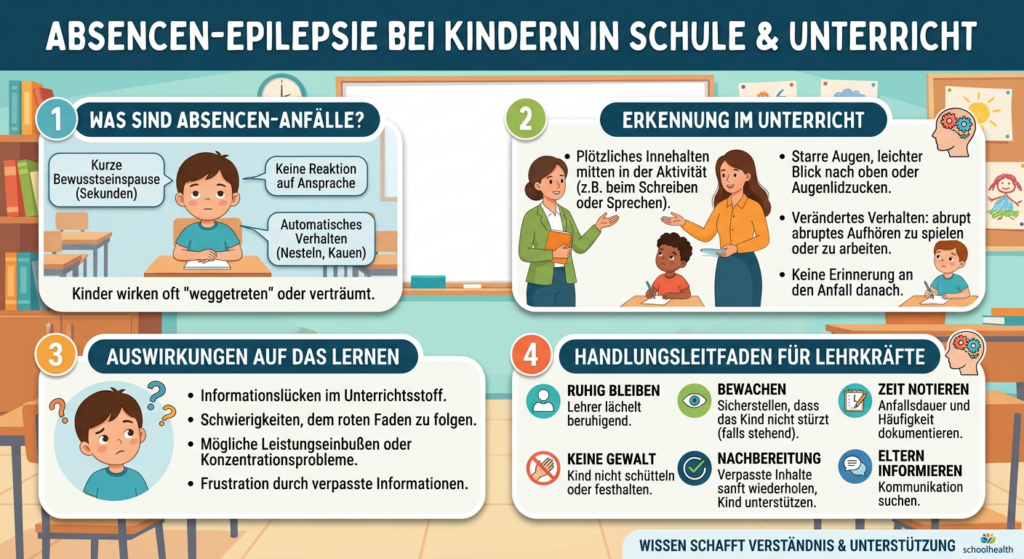 Abbildung mit Beispielen und Erläuterungen zu Absencen, wie man sie erkennt, und was man als Lehrkraft unternimmt
