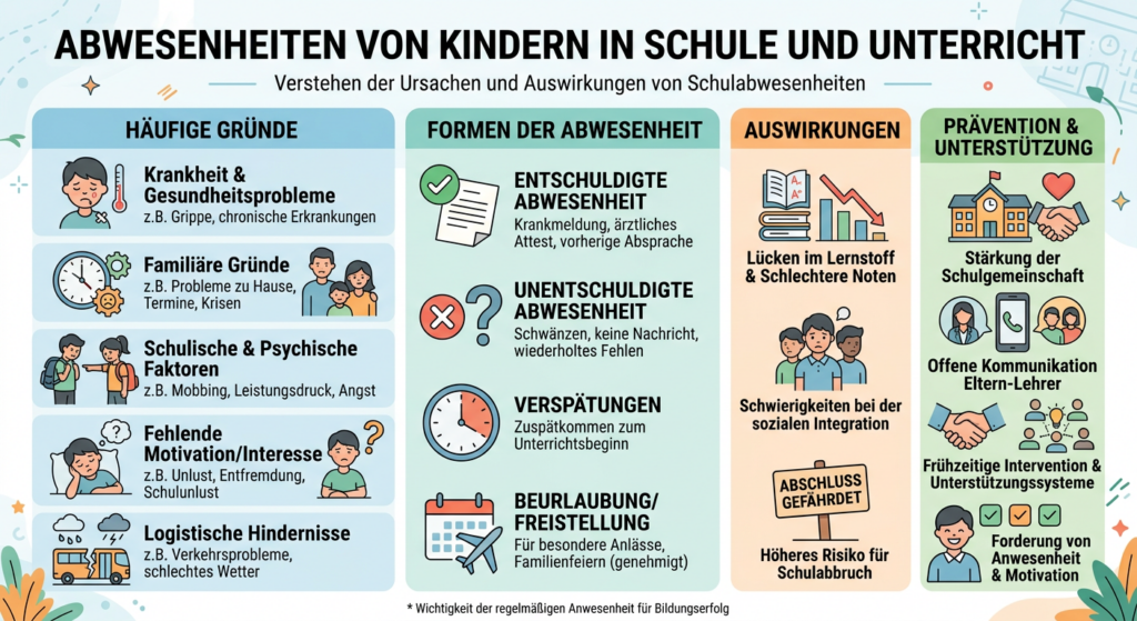Definition von Absentismus in der Abgrenzung wird in diesem Bild exemplarisch dargestellt und mögliche Folgen und Handlungsmöglichkeiten aufgezeigt (KI-generiert)